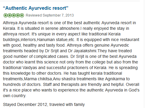 Authentic Ayurvedic Resort India Testimonial